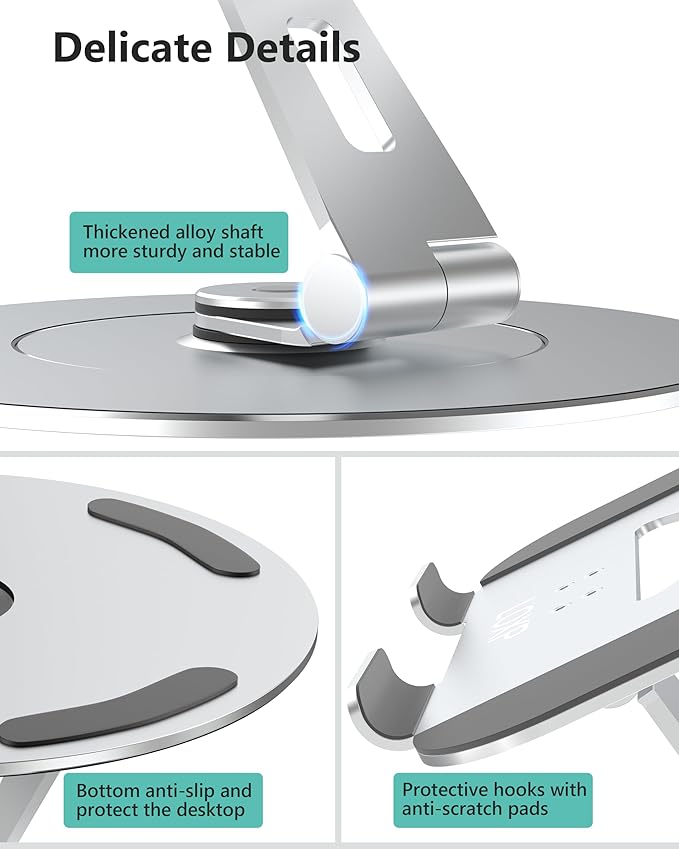 Laptop Stand with Phone Holder, Adjustable Laptop Stand with 360 Rotating Base, Aluminum Computer Mount Holder, Ergonomics Laptop Riser for Desk, Fits MacBook, up to 17.3" All Notebooks Silver