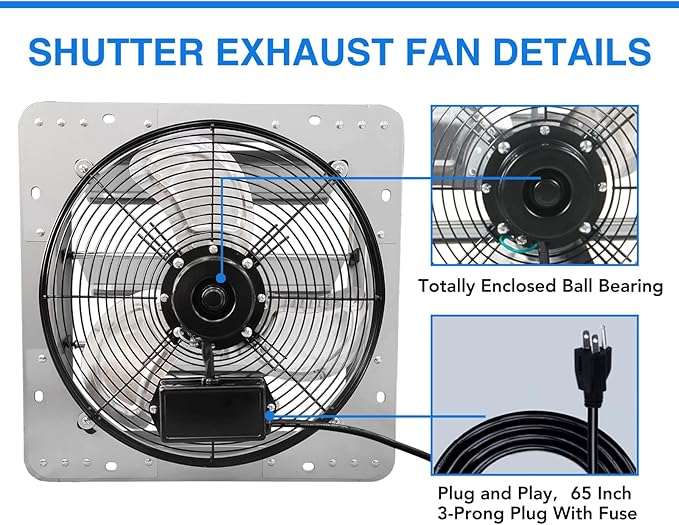 JPOWER 14 Inch Shutter Exhaust Fan, Gable Vent Fan, Wall Mount Ventilation, High Speed 1950 CFM, Automatic Aluminum Blades, for Garages, Shop, Greenhouse, Attic, with Power Cord