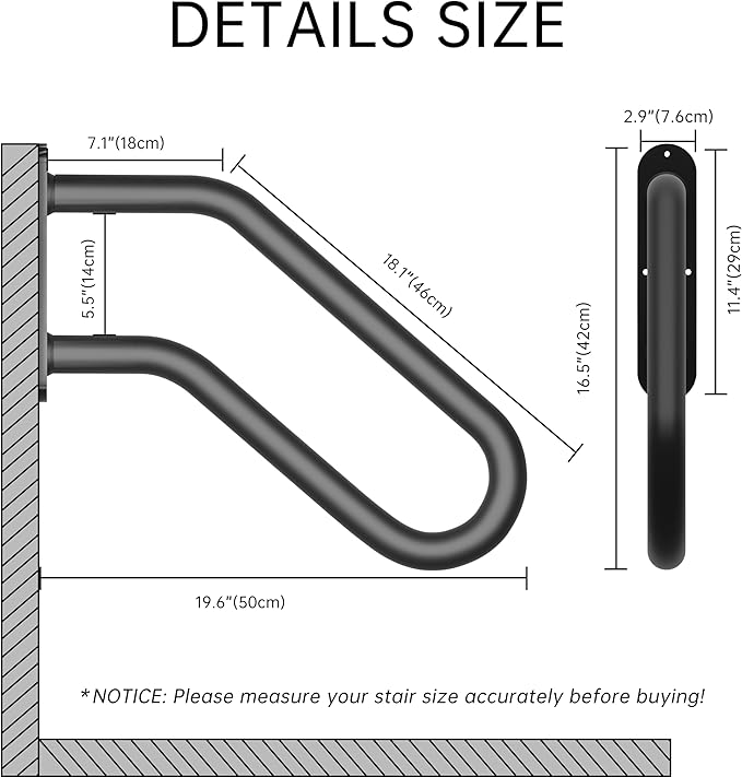 Handrails for Outdoor Steps, Heavy Duty Non-Slip Handrail, U-Shaped Safety Hand Rails, Wall-Mounted Rail for 1-3 Step Stairs, 19" Length Railings for Indoor and Outdoor