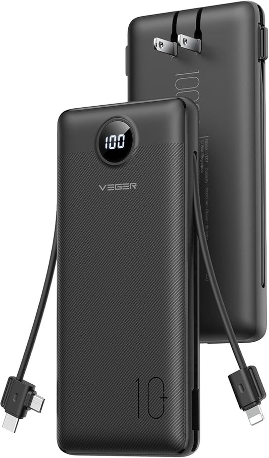 VEGER All in One Travel Portable Charger with Built-in AC Plug & Cables, 10000mAh Slim Power Bank Battery Pack, 15W Fast Charging for iPhone, Samsung, Android-Black