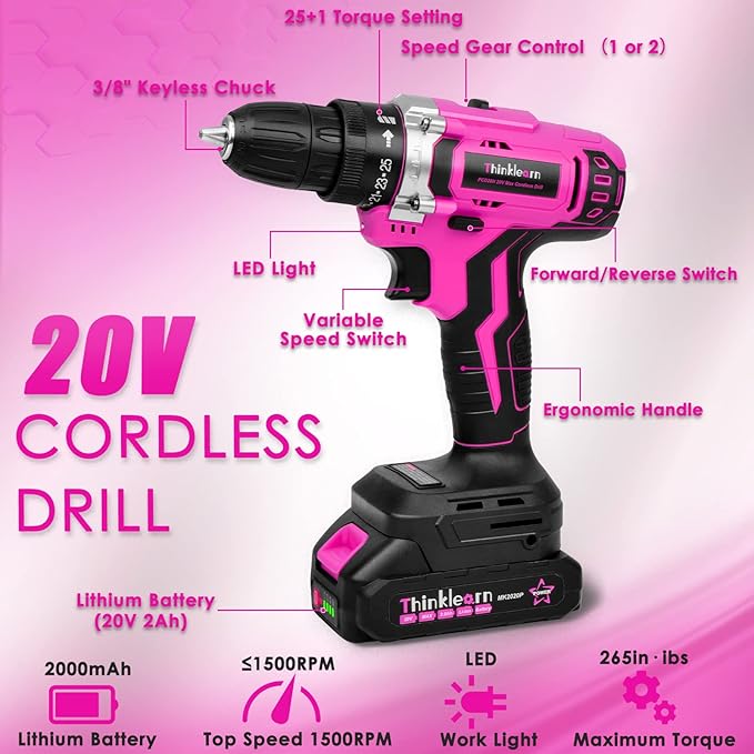 Tool Kit with 20V Cordless Drill(265in-lbs), Pink Drill Set for Women, Lady's Home Tool Kit for DIY, Daily Repair Tool Set as a Creative Gift with a Large-Capacity Tool Storage Bag
