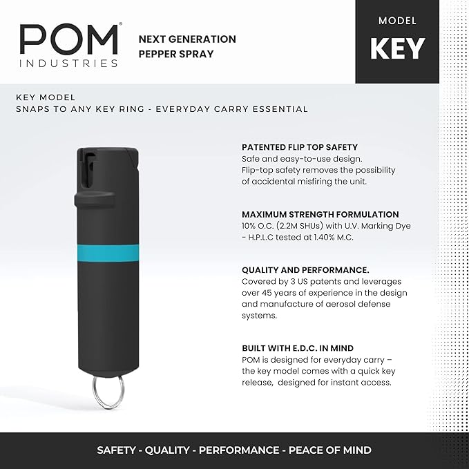 POM Pepper Spray Keychain, Quick Key Release for Instant Access, Flip Top Safety, Maximum Strength OC Formula with UV Marking Dye, 25 Bursts, 10 ft Range, 0.5 fl oz