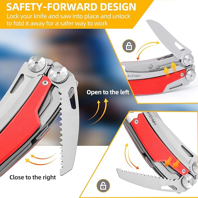 HANSHI G10 Handle Multitool Pliers with YG10 Tungsten Steel Replaceable Wire Cutters 12 in 1 Multi Tool Pocket Knife with Safety Lock,Saw,Bottel Opener for Camping,Survival with Nylon Sheath (red)