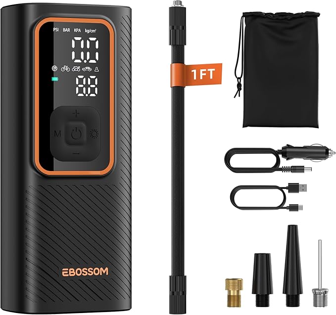 Tire Inflator Portable Air Compressor, Car Air Pump with Pressure Gauge, 150 PSI Cordless Tire Inflator Rechargeable with Display & LED for Car, Motocycle, Bikes, Balls, Swim Ring