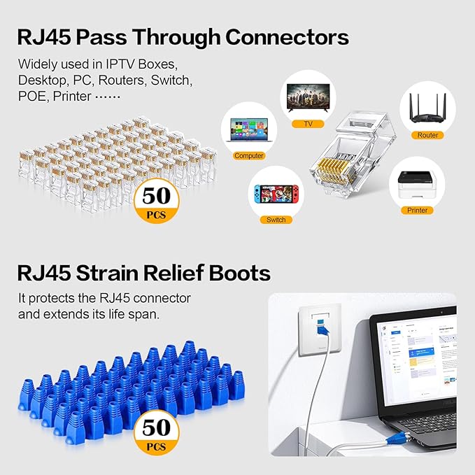 RJ45 Crimp Tool Pass Through Crimper RJ45 Crimping Tool Stripper Cutter Crimper for 8P RJ45 Cat5 Cat5e Cat6 6P RJ11/12 Telephone Connectors Network Enthernet Crimper kit (1)