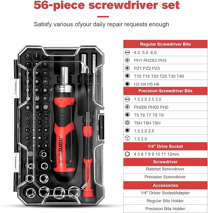 Multi Ratcheting Screwdriver Set: 56 IN 1 Magnetic Bits & Sockets with Case for Emergency Use At Home