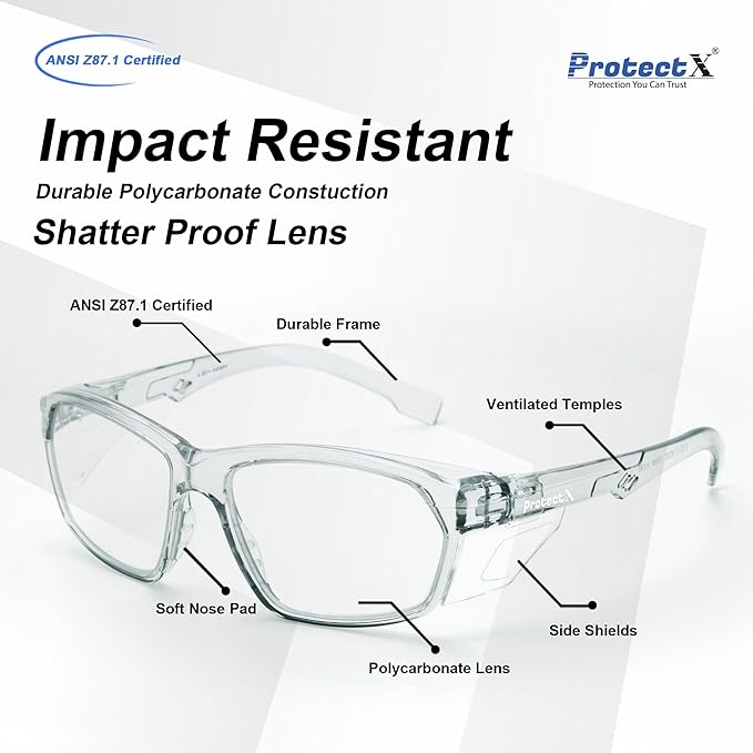 ProtectX Stylish Anti-Fog & Scratch-Resistant Safety Glasses, UV Protection Goggles, Anti-Impact Lightweight Glasses for Men＆Women Charcoal Clear - 2 Pack