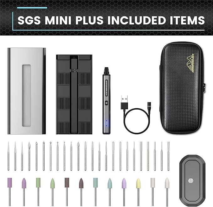 AM ARROWMAX Electric Mini Engraving Pen with 36 Bits, Aluminum Case, APP, Wireless Magnetic Charger, Tool Bag, Cordless Rotary Tool, Engraving Pen for Metal, Wood, Glass and Plastic (SGS MINI PLUS)