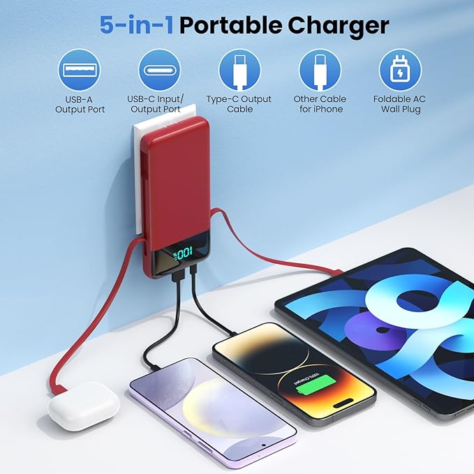 Portable Charger Power Bank with Built in Cables and Wall Plug,13800mAh Portable Battery Pack Fast Charging Compact LED Display Phone Charger Compatible with iPhone 16/15,Galaxy S23,Tablets etc
