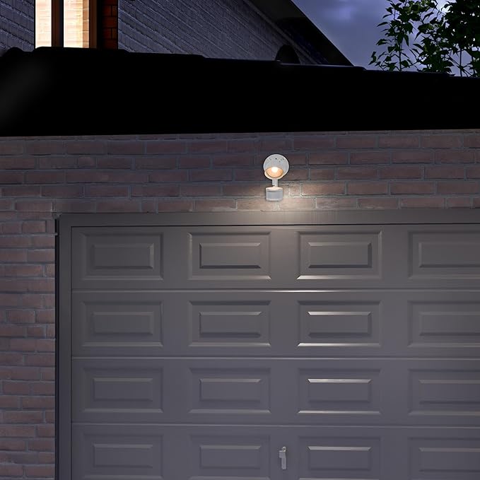 Maxxima LED Outdoor Flood Wall Light, Exterior Security Light with Adjustable Head, 950 Lumens, Featuring Motion Sensor and Dusk to Dawn Sensor, 3000K Warm White, White Fixture