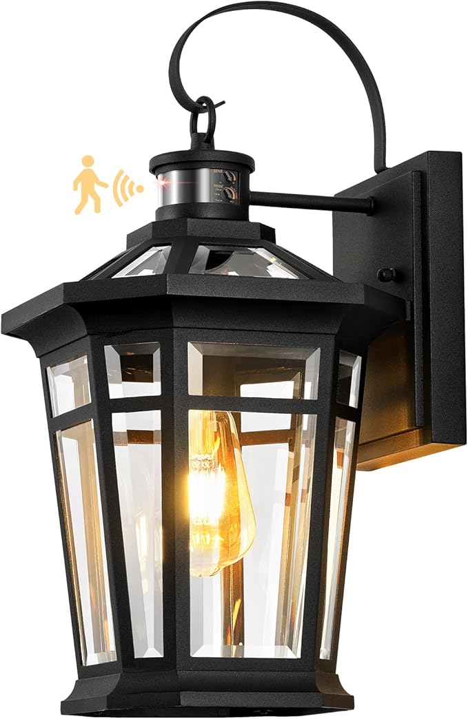 VIANIS Motion Sensor Outdoor Light fixtures Wall Mount, Large Anti-Rust Aluminum Outdoor Lantern, Black Waterproof Outside Wall Sconce for House, Modern Dusk to Dawn Exterior Lighting for Garage