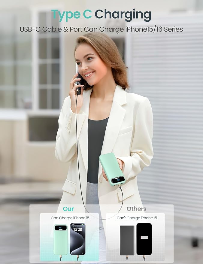 12000mAh Lightweight-Portable-Charger-Power-Bank with Built-in Cables and AC Wall Plug, PD20W USB-C Fast Charging Battery Pack, LED Display External Travel Phone Charger for All iPhone,Samsung,Android