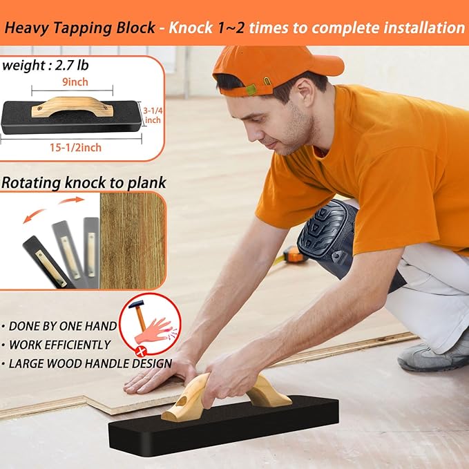 Laminate/Vinyl Flooring Tools, NAACOO Heavy Tapping Block, Heavy Pull Bar, Knee Pads, 10” Contour Gauge, 40pc Flooring Spacers, Rubber Mallet - 6 in 1 Floor Installation Kit