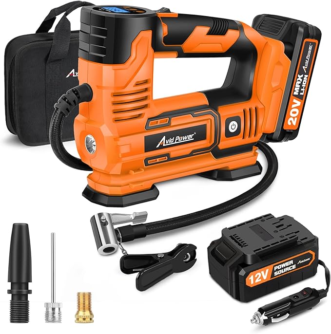 AVID POWER Tire Inflator Portable Air Compressor, 20V Cordless Car Pump w/Rechargeable Li-ion Battery, 12V Car Power Adapter, Digital Pressure Gauge, Tire Air Compressor for Many Inflatables