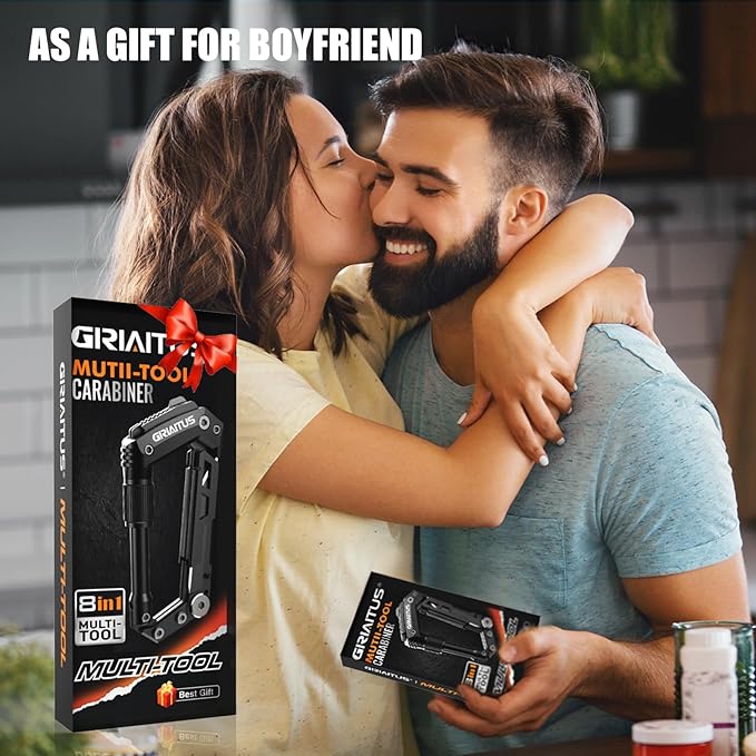 Carabiner Multitool with Pocket Knives, 8-in-1 EDC Carabiners, Serrated Knife, Rope Cutter, Screwdriver, Can Bottle Opener, Ruler, Folding Knife for Camping Hiking, Gifts for Men (Grey)