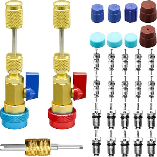 31Pcs R134A Valve Core Quick Remover Installer Tool Set, High Low Pressure AC Valve Core Removal Tool with R134A Valve Core AC Service Port Cap Valve Stem Kit for Refrigerant Air Conditioner System