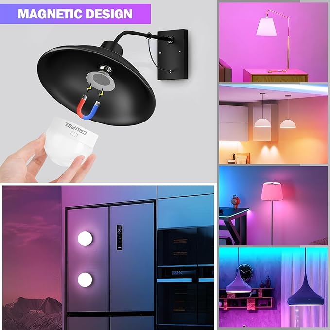 RGBCW Rechargeable Battery Operated Light Bulbs, E26 Detachable LED Bulb with Remote Control, 40W Equivalent, 500Lum, 3 Color Temperatures, 15 RGB, Emergency Light Bulbs for Home, Outdoor, 4 Pack