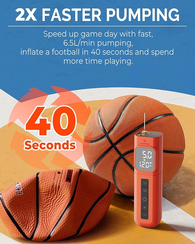 ETENWOLF P200 Electric Ball Pump 2000mAh Sports Air Pump with Digital Pressure Gauge for Basketball Soccer Volleyball