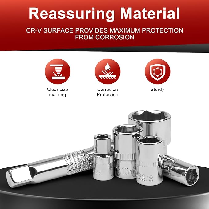 Egofine 34 Pieces 3/8 inch Drive Socket Ratchet Wrench Set, with Socket Set Metric/SAE and Extension Bar for Auto Repairing and Household, with Storage Case