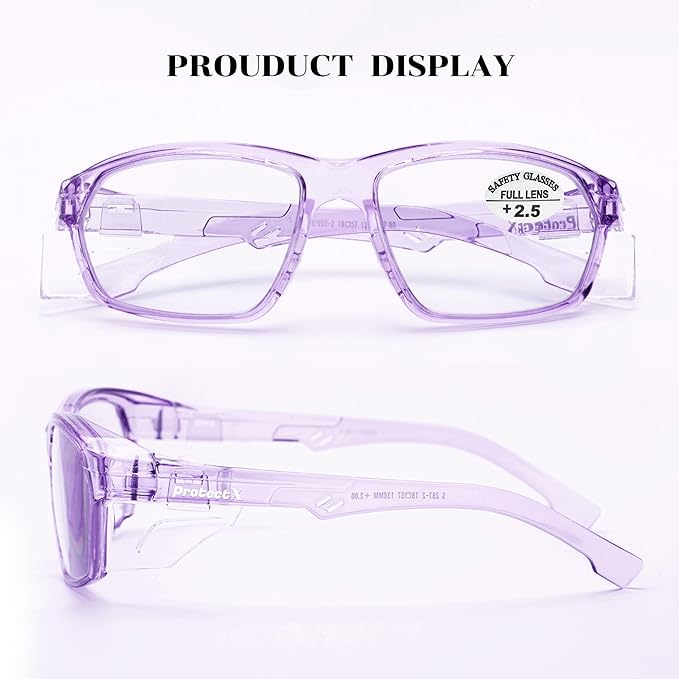ProtectX Stylish Anti-Fog & Scratch-Resistant Safety Glasses With Readers, UV Protection Goggles, Anti-Impact Lightweight Glasses for Men＆Women Lilac Reading 2.5