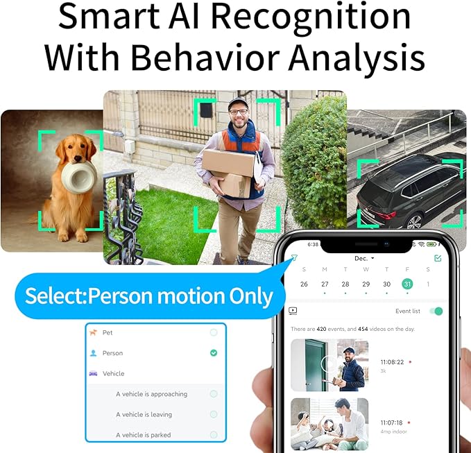 2K PTZ Solar WiFi Security Camera with AI Motion, Color Night Vision, 360 View, Waterproof, Alarm - Rechargeable Battery