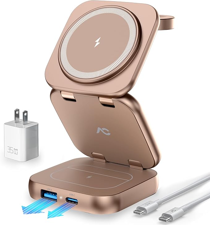 5-in-1 Wireless Charger for MagSafe, AC ISLAND Portable Travel Charging Station, 15W Max Fast Foldable Magnetic Stand, Evolved for iPhone 17/16/15/14/13 Series, Apple Watch, AirPods (with 35W Adapter)