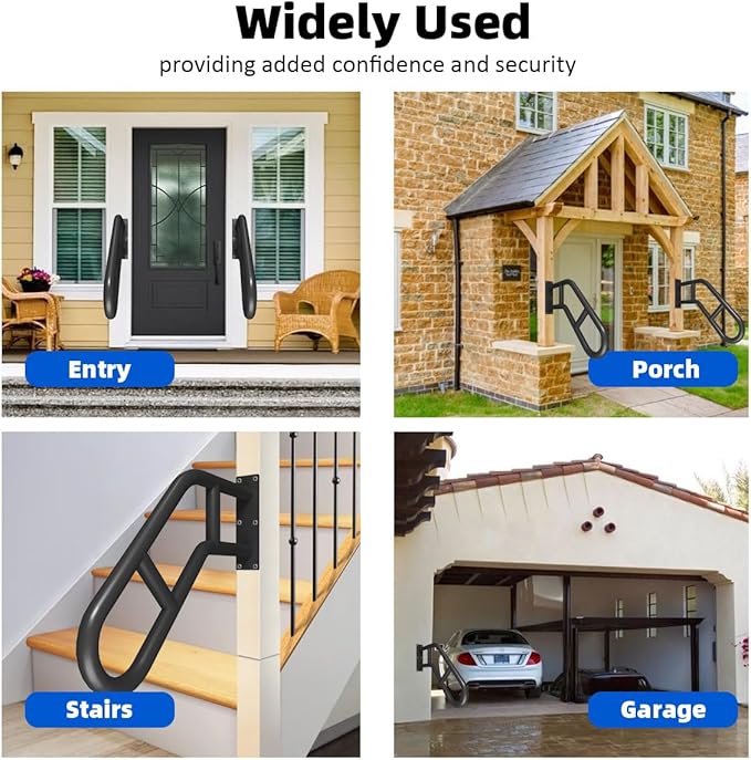 Wall Mount Hand Rails for Outdoor or Indoor Steps Stair Railing Metal Heavy Duty Non-Slip 1-3 Step Safe Bars U-Shape Safety Handle Powder Coated Grab Porch Courtyard Doorways Black 23in