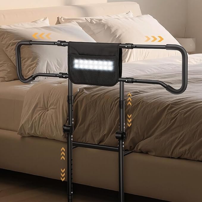Bed Rails for Elderly Adults Safety with Motion Sensor Light - Adjustable Height Bed Assist Rail w/Storage Pocket, Support Handles Guard Rail for Seniors, King Queen Full Twin Bed