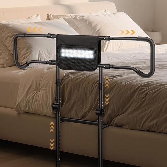 Bed Rails for Elderly Adults Safety with Motion Sensor Light - Adjustable Height Bed Assist Rail w/Storage Pocket, Support Handles Guard Rail for Seniors, King Queen Full Twin Bed
