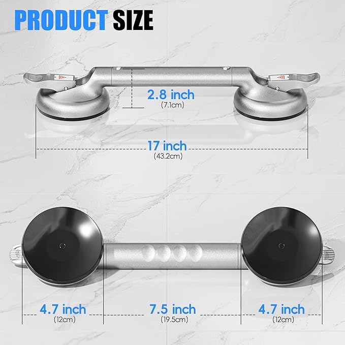 17 Inch Grab Bars for Bathtubs and Showers 2 Pack Seniors Handles for Elderly Strong Suction Handicap Safety Handrail for Bathroom Toilet Tiles Glass Gray Silver