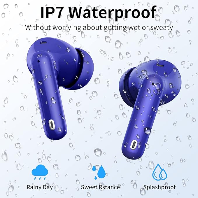 Wireless Earbuds, Bluetooth 5.4 Headphones Bass Stereo, Ear Buds with Noise Cancelling Mic LED Display, IP7 Waterproof in Ear Earphones, 36H Playtime for Laptop Pad Phones Sports Workout, Dark Blue