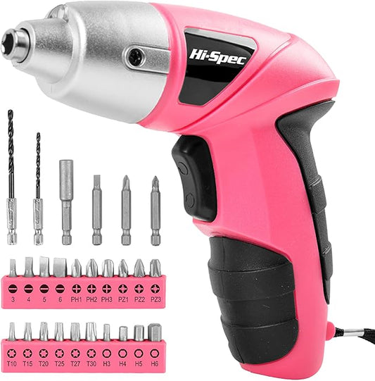 Hi-Spec Electric Screwdriver 27pc 3.6V Pink USB Small Power Screwdriver Set. Cordless & Rechargeable with Driver Bit Set