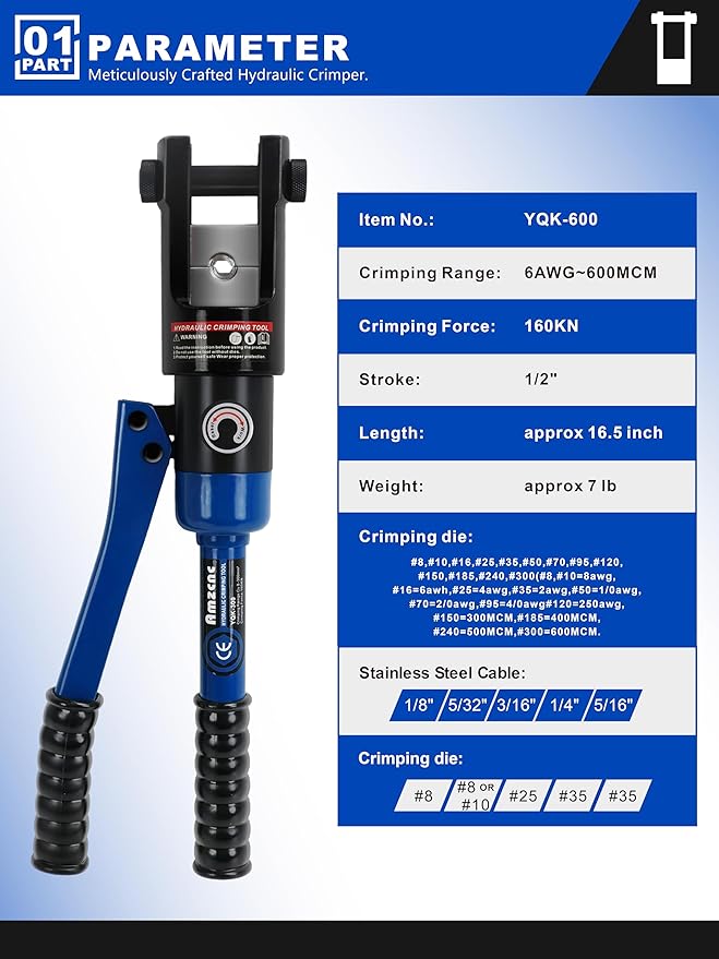 AMZCNC Industrial Hydraulic Cable Lug Crimper (16 TON) 9 AWG to 600 MCM Electrical Terminal Cable Wire Tool Kit with 13 Die Sets