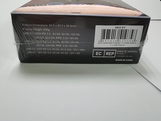 MINIX NEO P3 100W Turbo 4-Ports GaN Wall Charger, 3 x USB-C Port Fast Charging Adapter(Max 100W/20W), 1 USB-A (Max 18W). Compatible with MacBook Pro Air, iPad Pro, iPhone 14,Galaxy S9 and More.