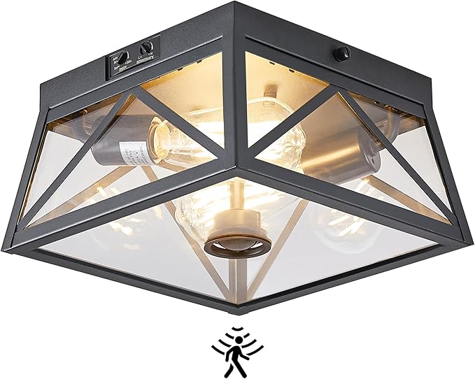 Adjustable Outdoor Motion Sensor Ceiling Light,10" Modern Industrial Design of Squares Flush Mount 2-Light with Clear Glass for Your Porch,Garage,Patio,Hallway,Entryway