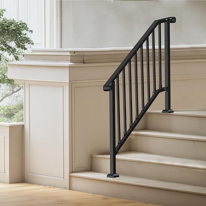 VEVOR Handrails for Outdoor Steps, 3-4 Step Stair Hand Rail Kit, Transitional Iron Railings with Installation Kit, Stair Rails for Seniors, Concrete Steps & Porch & Deck, Black Retro Arch