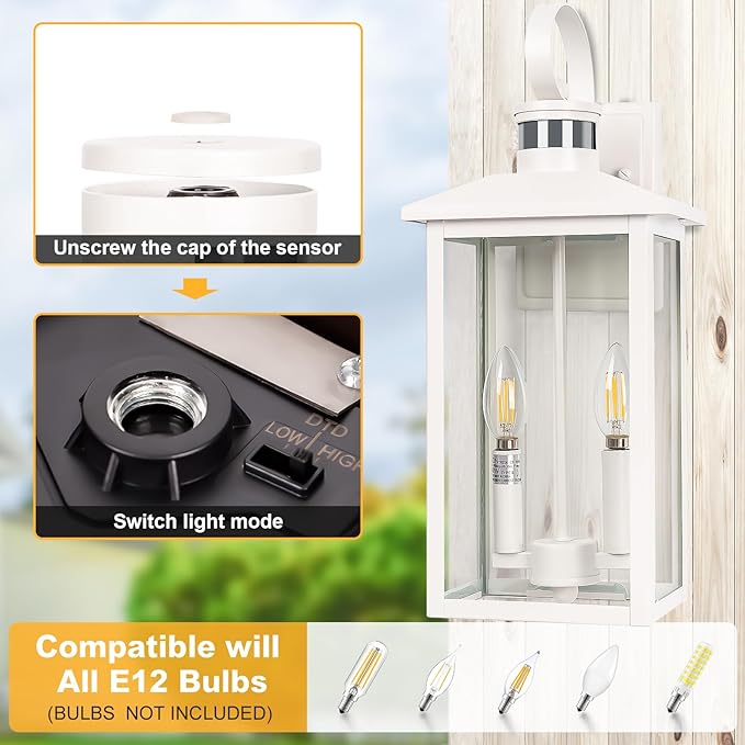 White Motion Sensor Light Outdoor, 18" ETL Listed Outdoor Lights with Sensor Detection, 2-Light Aluminum White Exterior Light Fixture with E12 Socket, Outside House Lights Wall Mount