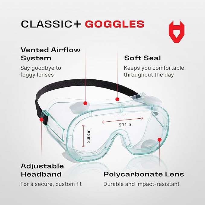 NoCry Protective Safety Lab Goggles Over Glasses with Anti-Fog Coating, Clear Scratch-Resistant Lenses, 100% UV Protection, Universal Fit, Vented, ANSI Z87.1 Rated Safety Goggles for Men and Women