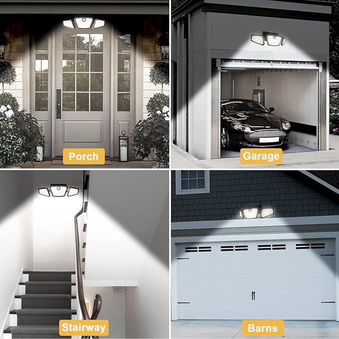 Motion Sensor Lights Indoor/Outdoor, 2100LM Home Security Lights, 6500K Wireless IP65 Waterproof 3 Heads Outdoor Battery Powered Flood Lights for Garage, Porch, Basement, Barns, Yard