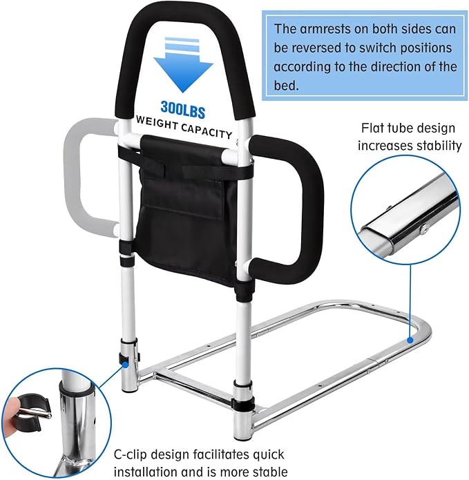 Bed Rails for Elderly Adults Safety - Bed Assist Rail with Dual Handles for Easy Getting in and Out of Bed, Bed Rail with Storage Pockets for King, Queen, Full, Twin - 300 lbs.