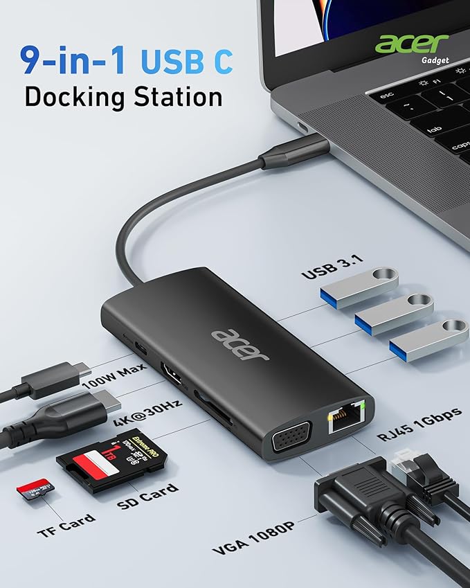 Acer USB C Hub with 4K HDMI, 9-in-1 USB C to Ethernet Adapter, 5Gbps USBA 3.0 Docking Station, VGA Splitter, SD Card Reader, PD 100W Charging for MacBook, Acer, Laptops, Surface and More (Black)