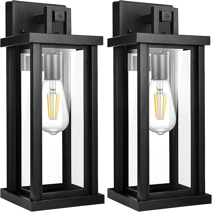 DBF Outdoor Wall Lanterns, Exterior Waterproof Wall Sconces Light Fixtures, Black Porch Lights Outside with Clear Glass, E26 Base Anti-Rust Heavy Duty Metal for House Garage Front Door, 2 Pack