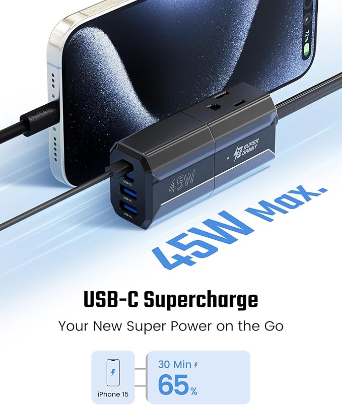 SUPERDANNY Detachable Travel Power Strip,45W USB Fast Charge,2 USB-C & 2 USB-A with 3 Outlets Flat Plug Extension Cord 10ft,Portable Charger for Travel Essentials for Travel Cruise Home, Black