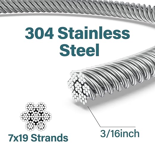 3/16 Wire Rope, 50ft 3/16 Stainless Steel Cable Wire, 7x19 Strand Aircraft Cable Wire Rope Kit, 3700lbs Breaking Strength with 3/16 Cable Clamps,Thimble for Deck Railing Shade Sails String Lights