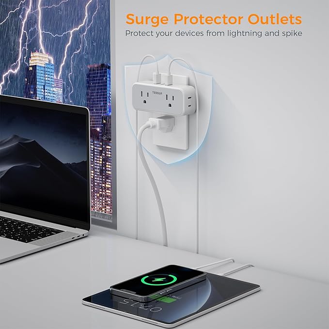 Surge Protector Outlet Extender, TESSAN Multi Plug Outlet Splitter with 4 Electrical Outlets 3 USB Ports, Multiple Plug Mini Wall Expander for Home Bathroom Office Dorm Room Essentials