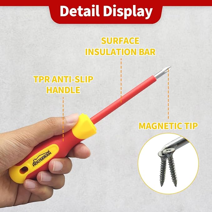 Insulated Screwdriver Set with Case, HOUSERAN 8-Piece Heavy Duty Phillips and Slotted Screwdriver Set, 1000 Volt, Magnetic Tips Screw Driver, Screwdrivers, Ideal for Electricians and Terminating Jobs