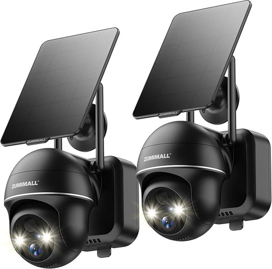 ZUMIMALL Security Cameras Wireless Outdoor - 2 Packs, 360°View Outdoor Camera Wireless Solar Powered,2.4G WiFi, Spotlight/Siren//3MP Color Night Vision/AI Detection/IP66/Cloud/Alert, Work with Alexa
