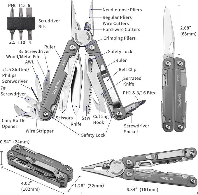 Multitool Pliers, EDC Multitool Pocket Knife VG10 Blade, 27-in-1 Multi-tool with Titanium-plated Handle, Precision Screwdriver, Gut Hook for Hunting, Backpacking, Hiking, Camping, (Gen-R)