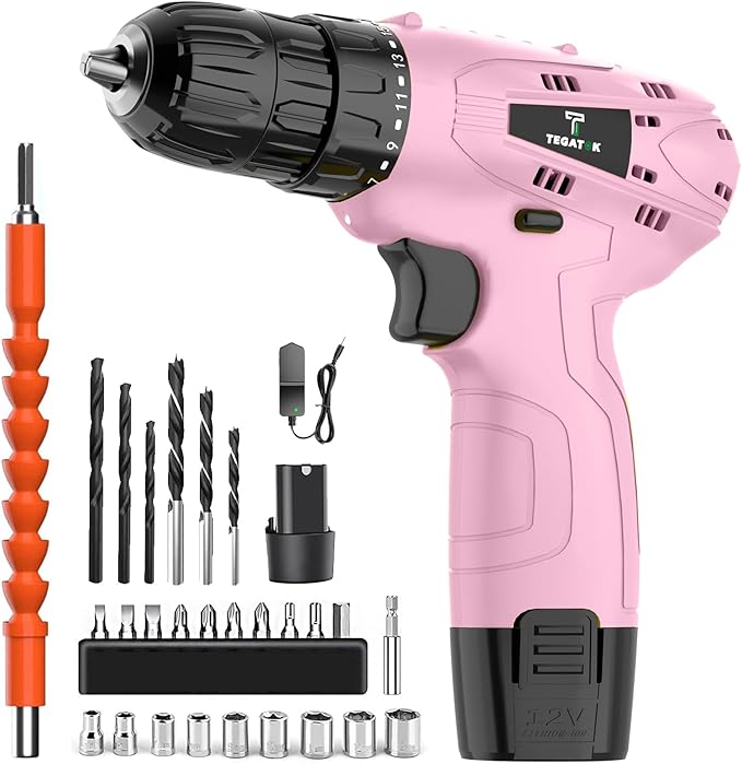 Cordless Drill Set,12V Power Drill Set with Battery and Charger, Electric Driver Drills Bits, 3/8'' Keyless Chuck,18+1 Torque Setting with LED Electric Drills Set, Pink