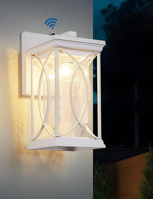White Outdoor Sconce Dusk to Dawn Exterior Light Fixtures Wall Mount Porch Light Modern Outdoor Wall Light Aluminum with Crack-Like Glass IP65 Waterproof Outside Coach Light for House